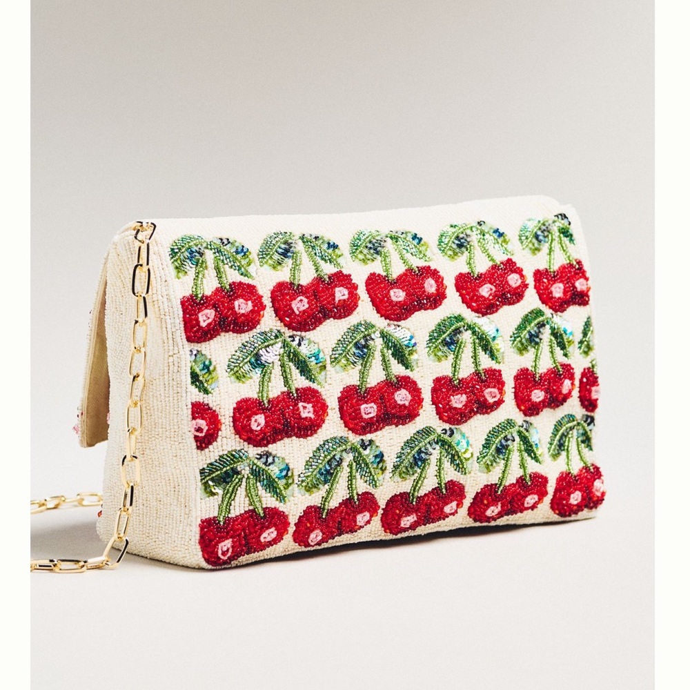 🍒Anthropologie Oversized Beaded Shoulder Bag Maeve Purse Novelty Gold Chain NEW - Picture 4 of 16